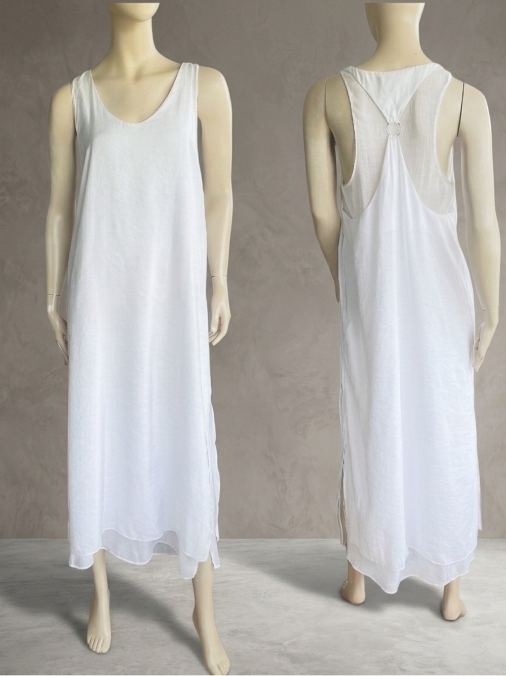 Zara White Layered Flowy Maxi dress Hem Slit Racerback Minimalist Sz L NWOT​